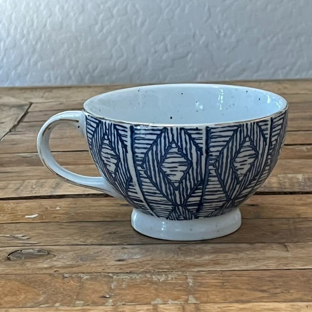 World Market 12 oz Geo Mug 3" Tall Blue & White Geometric Gold Rim